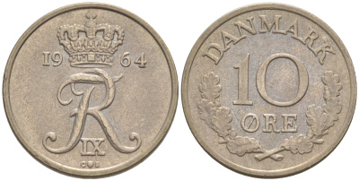 Дания 10 эре 1964 C; S, Фредерик IX (1947-1972) KM 849.1 медно-никель 187-646