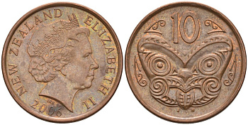 Новая Зеландия 10 центов 2006 маска Маори, Елизавета II (1952-) KM 117а сталь плакированная медью 186-431
