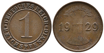 ГЕРМАНИЯ 1 РЕЙХСПФЕННИГ 1929 A KM 37, J. 313 бронза 39-1026