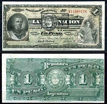 Аргентина 1 песо 1895 серия В 11008 Pick 218a  бумага 00-000