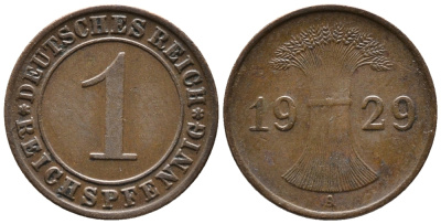ГЕРМАНИЯ 1 РЕЙХСПФЕННИГ 1929 A KM 37, J. 313 бронза 39-1026