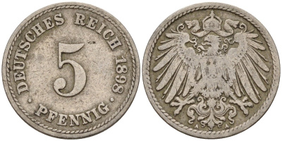 Германия 5 пфеннигов 1898 A KM 11, J. 12 медно-никель 4151-417