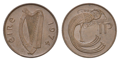 Ирландия 1 пенни 1974 мифологическая птица лира KM 20 бронза 4690-357