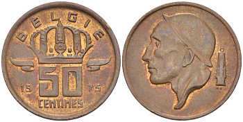 Бельгия 50 сантимов 1975 Belgie, Бодуэн I (1951-1993) KM 149.1 бронза 3458-124