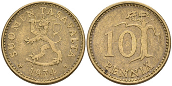 ФИНЛЯНДИЯ 10 ПЕННИ 1974 S KM 46 алюминиевая бронза 192-1038