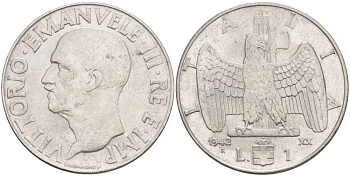 ИТАЛИЯ 1 ЛИРА 1942 R, ГОД XX, ВИКТОР ЭММАНУИЛ III (1900-1946) KM 77b, VEM3. 1102 нержавеющая сталь 3855-442