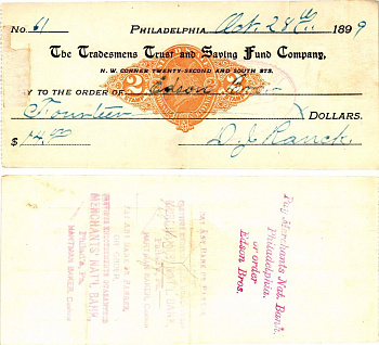США чек на 14 долларов 1899 Филадельфия бумага 2196-49-2-2