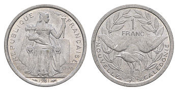 Новая Каледония 1 франк 1981 птица кагу, (IEOM) KM?10, Schoen?10, Lec?44 алюминий aUNC 4631-1122