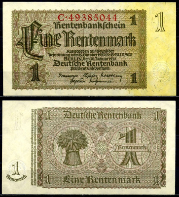 Германия 1 рентенмарка 1937 30 января 1937, серия C, номер 8-значный Pick 173, Розенберг 166b бумага аUNC 3295-11-3-2