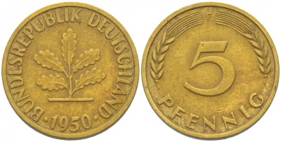 ФРГ 5 ПФЕННИГОВ 1950 F KM 107, J.382 сталь плакированная латунью 3996-1136