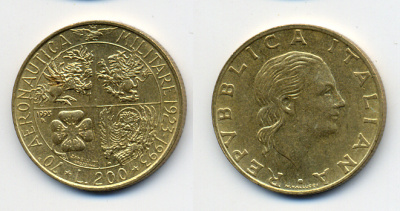 ИТАЛИЯ 200 ЛИР 1993 R, 70 ЛЕТ ВОЕННОЙ АВИАЦИИ KM 155 алюминиевая бронза 4380-1023