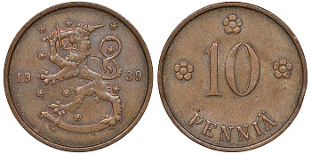 Финляндия 10 пенни 1939 KM 24 медь 51-3131