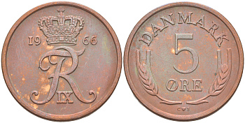 ДАНИЯ 5 ЭРЕ 1966 C; S, ФРЕДЕРИК IX (1947-1972) KM 848.1 бронза UNC 106-215