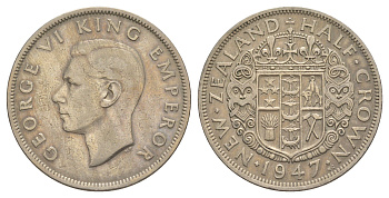 Новая Зеландия 1/2 кроны 1947 Георг VI (1936-1952) KM 11a медно-никель 25-726