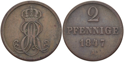 ГАННОВЕР 2 ПФЕННИГА 1847 А KM 202.2 медь 28-446