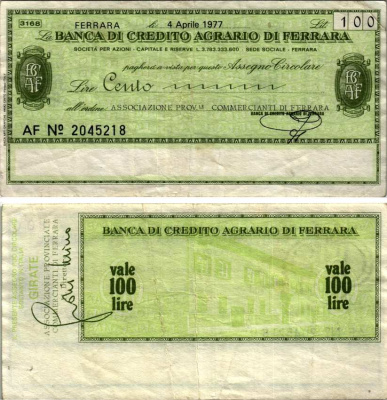 Италия 100 лир 1977 4 апреля 1977 Banca Di credito agrario Di ferrara бумага 7222-77-3-1