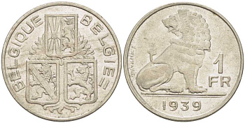 Бельгия 1 франк 1939 Леопольд III (1934-1950), Belgique-Belgie, лев KM 119 никель 202-1134
