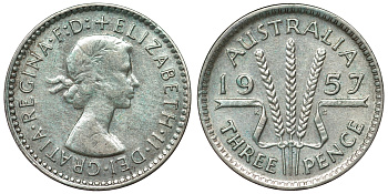 Австралия 3 пенса 1957 m, Елизавета II (1952-2022) KM 57 серебро 71-545