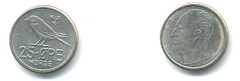 Норвегия 25 эре 1969 Улаф V (1958-1991), синица KM 407 медно-никель 86-735