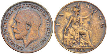 Великобритания 1 фартинг 1917 Георг V (1910-1936), темная отделка KM 808.1, Spink 4059 бронза 212-953