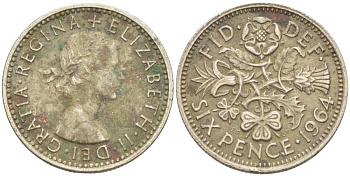Великобритания 6 пенсов 1964 Елизавета II (1952-2022) KM 903, Spink 4149 медно-никель 175-624