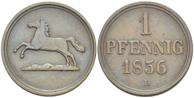 БРАУНШВЕЙГ-ВОЛЬФЕНБЮТТЕЛЬ 1 ПФЕННИГ 1856 В, ВИЛЬГЕЛЬМ (1831-1884) KM 1142 медь 210-152