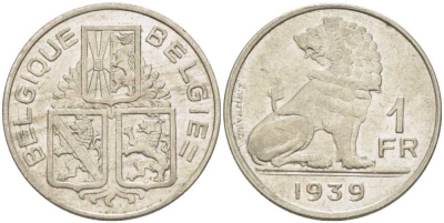 Бельгия 1 франк 1939 Леопольд III (1934-1950), Belgique-Belgie, лев KM 119 никель 202-1134