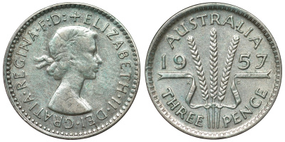 Австралия 3 пенса 1957 m, Елизавета II (1952-2022) KM 57 серебро 71-545