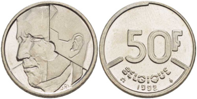БЕЛЬГИЯ 50 ФРАНКОВ 1992 BELGIQUE, БОДУЭН I (1951-1993) KM 168 никель 210-947