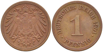 ГЕРМАНИЯ 1 ПФЕННИГ 1901 D KM 10, J. 10, Weege 2 медь 211-261