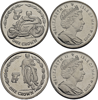 Остров Мэн 1 крона 2005 мотогонки, коллекция из двух монет КМ 1287, 1288 медно-никель UNC M94-09