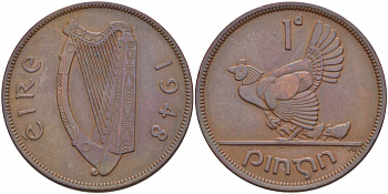 ИРЛАНДИЯ 1 ПЕННИ 1948 КУРИЦА С ЦЫПЛЯТАМИ KM 11 бронза 3457-233