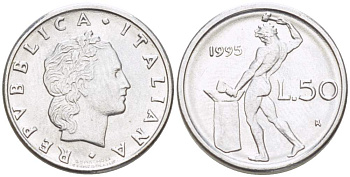 ИТАЛИЯ 50 ЛИР 1995 R, КУЗНЕЦ, ВУЛКАН БОГ ОГНЯ, ДИАМЕТР 16,5 ММ. KM 95.2 нержавеющая сталь 4528-117