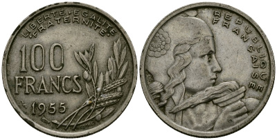 Франция 100 франков 1955 KM 919.1 медно-никель 4575-1027