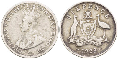 Австралия 6 пенсов 1923 m, Георг V (1910-1936), герб Австралии KM 25 серебро 3955-1266