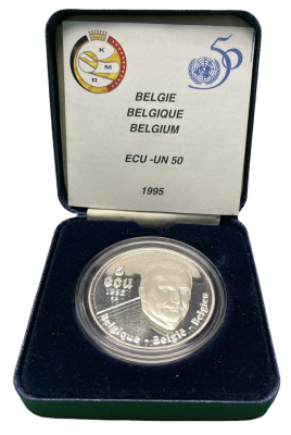 Бельгия 5 экю 1995 50 лет ООН, Король Альберт II, в коробке, сертификат KM 200 серебро PROOF 3-4-7-24