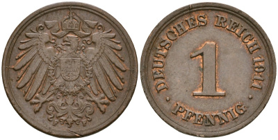 Германия 1 пфенниг 1911 F, Вильгельм II (1888-1918) KM 10, J. 10 медь 4608-616