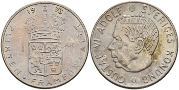 Швеция 1 крона 1973 U, Густав VI Адольф (1950-1973) KM 826a медь плакированный медно-никелем 4150-337