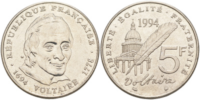 Франция 5 франков 1994 300 лет со дня рождения Вольтера KM 1063, Le Franc 344.2 медно-никель плакированный никелем 111-846