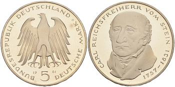 ФРГ 5 марок 1981 G, 150 лет со дня смерти Карла фон Штейна KM 155, J. 430 медно-никель плакированный никелем плакированный никелем PROOF 02-265-33