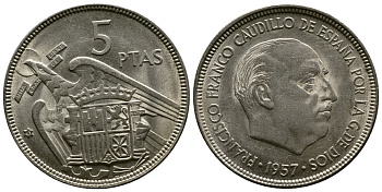 ИСПАНИЯ 5 ПЕСЕТ 1957 (63) ФРАНСИСКО ФРАНКО ДИКТАТОР ИСПАНИИ (1939-1975) KM 786 медно-никель 3334-215
