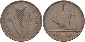 Ирландия 1 пенни 1928 курица с цыплятами KM 3 бронза 4545-1024