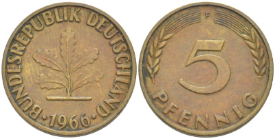 ФРГ 5 ПФЕННИГОВ 1966 F KM 107, J. 382 сталь плакированная латунью 4181-915