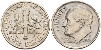 США 10 ЦЕНТОВ = 1 ДАЙМ 1988 P, РУЗВЕЛЬТ KM 195a медь плакированная медно-никелем 188-441