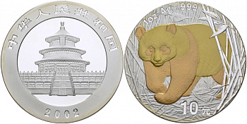 Китай 10 юаней 2002 панда KM A1365 серебро, позолота PROOF 1077-1-14