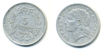 ФРАНЦИЯ 5 ФРАНКОВ 1948 OPEN 9 KM 888b.1 алюминий 83-524