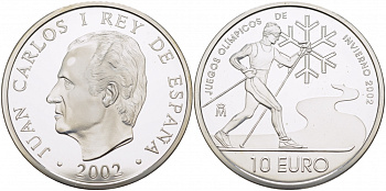 Испания 10 евро 2002 XIX зимние Олимпийские игры в Солт-Лейк-Сити , лыжник KM 1078 серебро PROOF 05-086-43