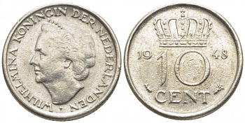 Нидерланды 10 центов 1948 Вильгельмина (1895-1948) KM 177 никель 112-253