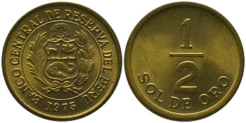 Перу 1/2 соль 1975 KM 265, Schon 65 латунь 4532-245