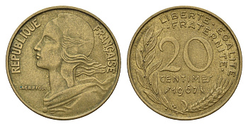 Франция 20 сантимов 1967 KM 930 алюминиевая бронза 3336-947